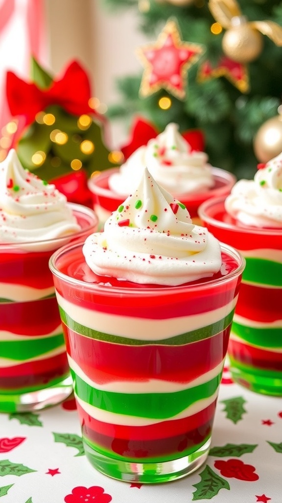 Colorful layered Jello desserts in cups, decorated with whipped cream and sprinkles, on a festive table.